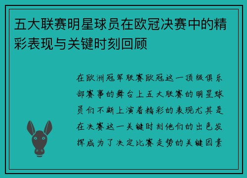五大联赛明星球员在欧冠决赛中的精彩表现与关键时刻回顾